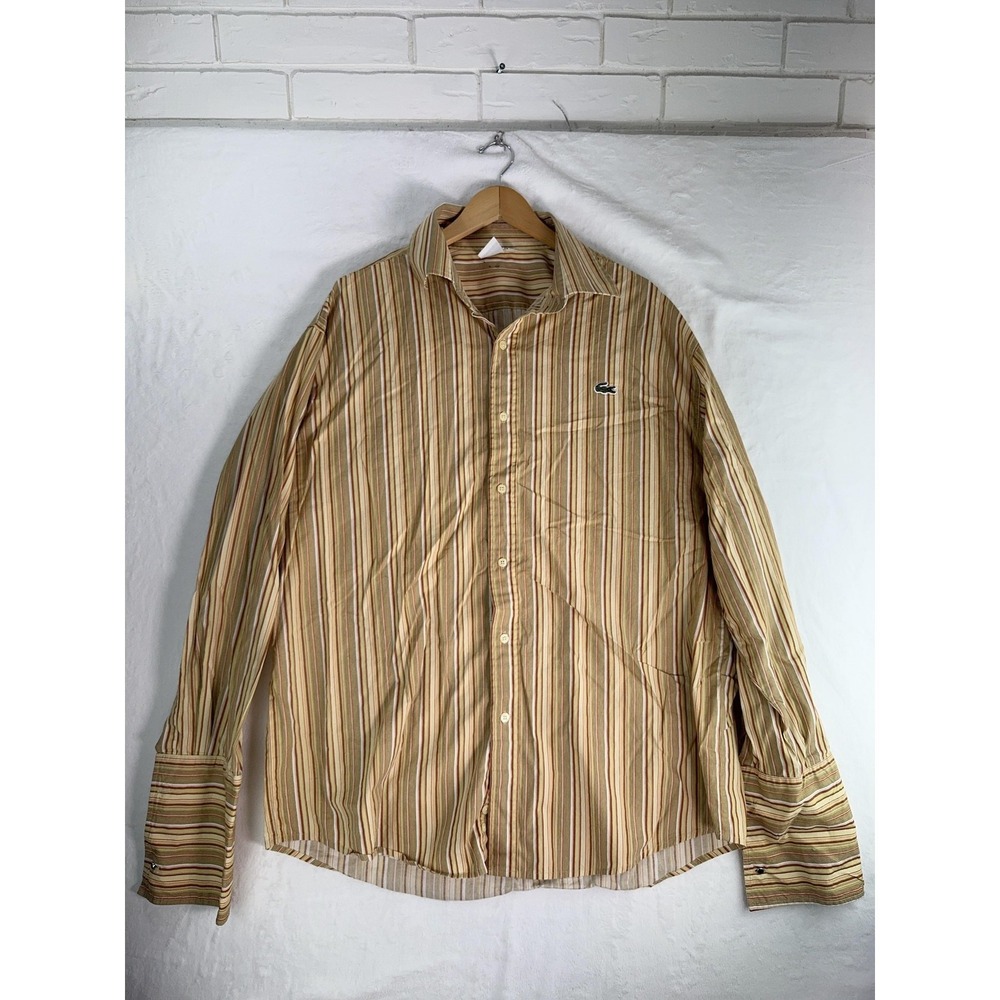 Lacoste Shirt Mens 2XL Beige Brown Striped Button Front Long Sleeve Casual